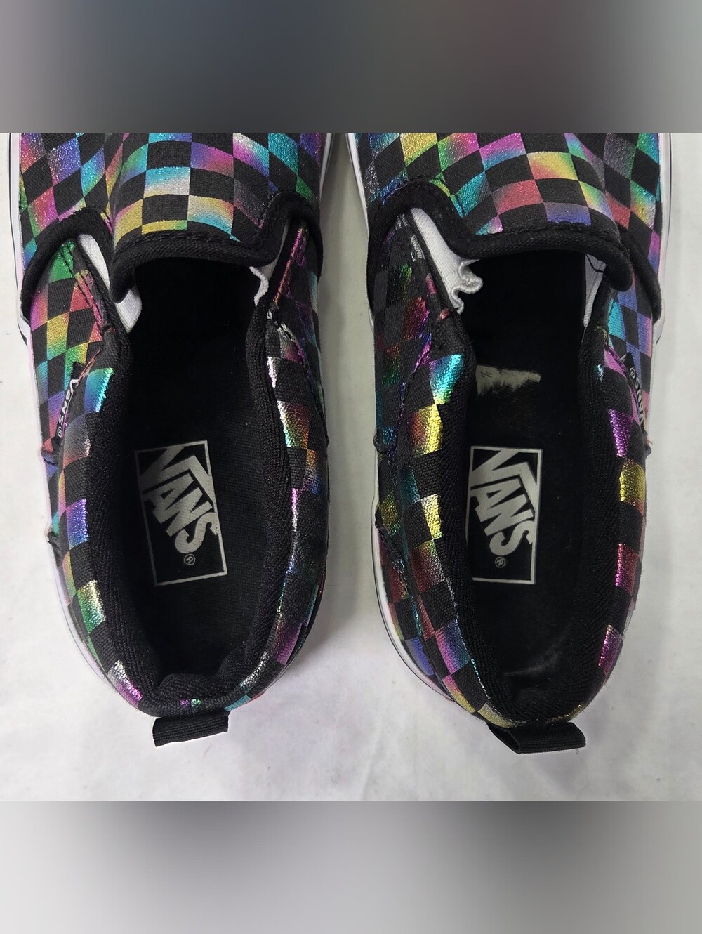 Vans Kids Slip-On Sneakers Black with Iridescent Rainbow Checkerboard Girl Sz 4 - Picture 5 of 12